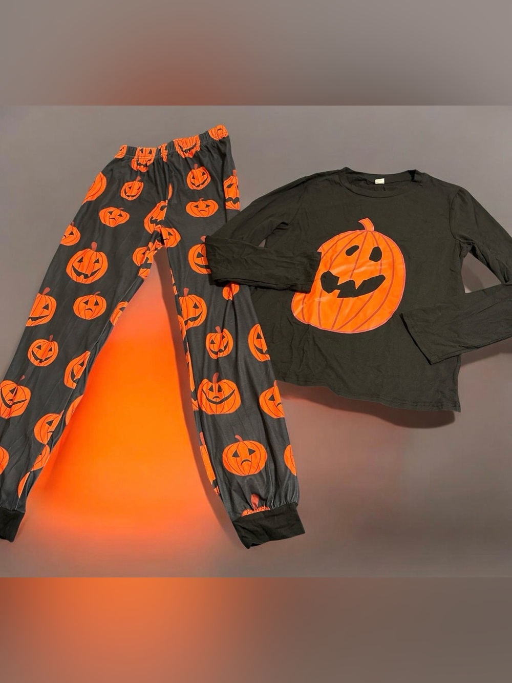 Women's Black Pumpkin Pajama Set with Orange Print
